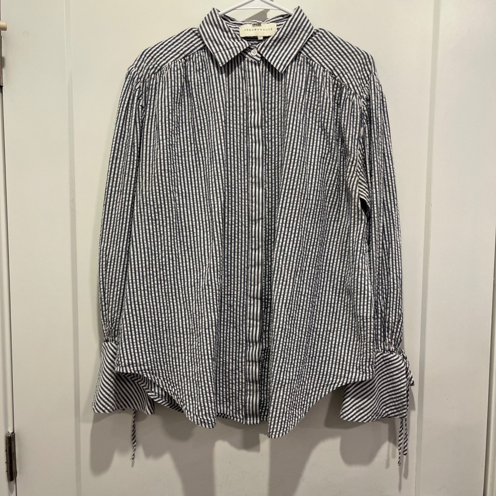 French Mauve Navy White Striped Seersucker Button Down Tie Cuff Shirt Medium